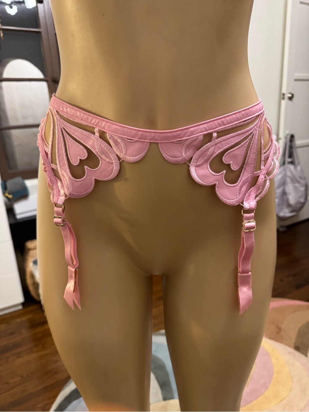 NWT Honey Birdette Pink Lace Heart Garter Belt size M